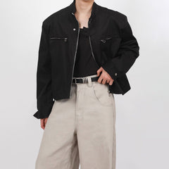 Threebooy Mens Autumn Winter Stand-Up Collar Solid Color Functional Zipper Jacket Genderless Essential Fashion Trend Short Jacket Unisex