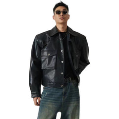 Threebooy Shoulder Pad Design Jacket For Men Spring Autumn Fashion Slim Fit Biker Leather Coats Motorcycle PU Leather Jackets Streetwear