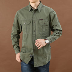 Threebooy Vintage Men's 100% Cotton Shirt Safari Style Multi-pocket Lapel Top Spring Autumn Long Sleeve Youth Loose Shirts Plus Size M-6XL