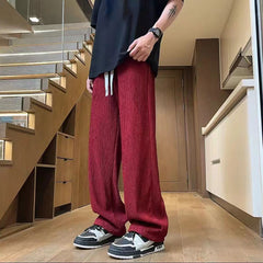 Threebooy Texture Ice Silk Quick Drying Casual Pants Men Drawstring Loose Straight Leg Trousers Summer Fashion Sport Pant Streetwear