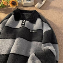 Threebooy Retro Striped Knitted Polo Shirt Men Autumn Winter Thick Contrast Color Sweater Japanese Lazy Style Loose Trendy Knit Tops