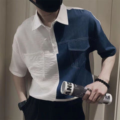 Threebooy Fashion Denim Patchwork Shirt Men Short Sleeve Polo Collar Pullover Tops Summer Handsome Casual Loose Blouse Streetwear Male