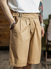 Threebooy Vintage Gurkha Shorts Men Safari Style High Waist Buckle Button Knee Length Naples Pants Summer Casual Loose Shorts High Quality