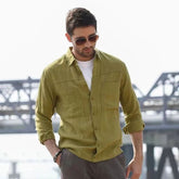 Threebooy Vintage Linen Shirt For Men Double Pocket Workwear Long Sleeved Top Spring Autumn Leisure Loose Blouse Shirts Cotton Linen Male