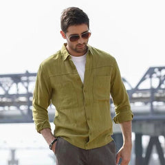 Threebooy Vintage Linen Shirt For Men Double Pocket Workwear Long Sleeved Top Spring Autumn Leisure Loose Blouse Shirts Cotton Linen Male