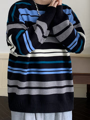 Threebooy Men's Colorful Striped Knit Sweater - Soft, Comfortable Polyester Blend, Casual Round Neck Pullover for Fall/Winter