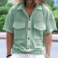 Threebooy Vintage Mens Bubble Shirts Multi Pocket Short Sleeve Tops Summer Loose Casual Cardigan Cargo Polo Shirt Clothing Streetwear