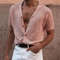 Threebooy Summer Newest Men Short-sleeved Knitted Polo Blouse Tees Cardigan Vintage Casual Lapel Breathable Ice Silk Shirt Sweater T-Shirt