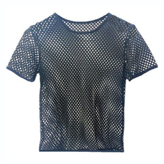 Threebooy Mens Sexy Perspective Personalized Hollow Mesh T-shirt Genderless Summer New Personalized Niche Simple Home Pajamas Unisex