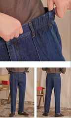 Threebooy Vintage Cotton Men Jeans Suit Pants Elastic High Waisted Straight Trousers British Business Style Casual Naples Denim Pant