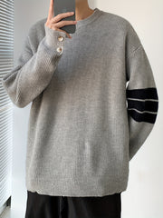 Threebooy Men's Casual Knit Sweater - Stylish Black & Gray, Crew Neck Pullover for Fall/Winter, Perfect for Work, Dates & Outdoor Activities