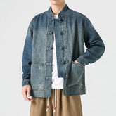 Threebooy Retro Chinese Style Washed Denim Jacket For Men Spring Autumn Long Sleeved Stand Collar Top Fashion Vintage Ethnic Shirts Coat