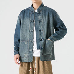 Threebooy Retro Chinese Style Washed Denim Jacket For Men Spring Autumn Long Sleeved Stand Collar Top Fashion Vintage Ethnic Shirts Coat