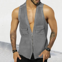 Threebooy Vintage Patchwork Jean Tank Tops Men Slim Fit Sleeveless Denim V-neck zipper Shirts Summer Fashion Sexy Vest Male Streetwear