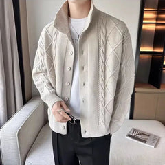 Threebooy Mens Twist Casual Knitted Sweater New Autumn Winter Genderless Fashion Temperament Solid Color Stand Collar Jacket Unisex