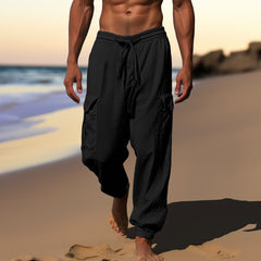 Threebooy Multi Pocket Cotton Linen Pants For Men Lace-up Drawstring Foot Binding Long Trousers Spring Summer Sport Casual Cargo Pant