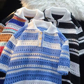 Threebooy Dopamine Striped Kint Polo Shirt For Men Vintage Loose Short Sleeve Tops New Fashion Hollow Out knitting Color Blocked Tshirts
