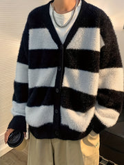 Threebooy Men'S Striped V-Neck Cardigan Sweater, Casual Loose Fit, Warm Knitted Outerwear, Polyester, Button Detail, for Adults, Autumn/Winter Season