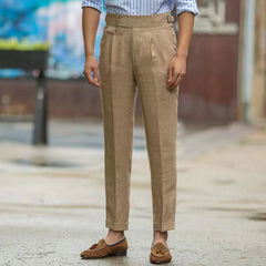 Threebooy British Style Men Gurkha Linen Pant High Waist Straight Ankle-Length Pants Spring Summer High Quality Thin Casual Loose Trouser