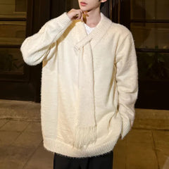 Threebooy Mens Y2k Scarf Collar Design Knitted Sweater Spring Streetwear Niche Youth Campus Couple Long-Sleeve Top Men'S Clothing 2025 New