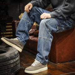Threebooy American Style Multi Pocket Denim Pants Men Spring Autumn Loose Straight Trouser Trendy Vintage Cargo Jeans Fashion Streetwear