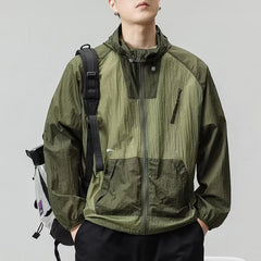 Threebooy Spring Summer Sunscreen Clothing Thin And Light Hooded Jacket Men Patchwork Ice Silk Coat Outdoor Fishing Mountain Travel Top