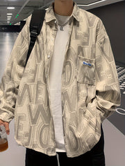 Threebooy 1pc Men'S Casual Corduroy Full Print Letter Jacket, Fall/Winter Fashion Slim Fit Loose Outerwear, Polyester Lapel Collar Button-Up Shirt with All Over Print Design