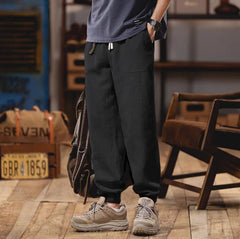 Threebooy Spring Summer Mens Linen Casual Pants Elastic Waist Loose Pencil Pants Fashion Sports Ankle-Length Cargo Trousers Flax
