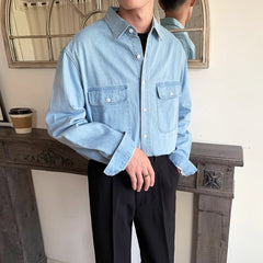 Threebooy American Vintage Men's Denim Shirt Safari Style Double Pocket Lapel Long Sleeve Top Spring Autumn Fashion Streetwear Shirts Male