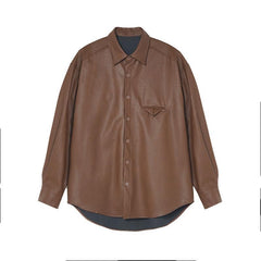 Threebooy Korean Retro Leather Coat For Men Advanced Vintage Brown Leather Shirt Top Spring Autumn Trendy Long Sleeve PU Jacket Streetwear