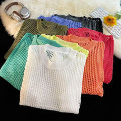 Threebooy Hollow Hole Men Women knitted Tshirts High Street Fashion Loose Long Sleeved Top Autumn Sexy Mesh Knit Sweater Pullover Unisex
