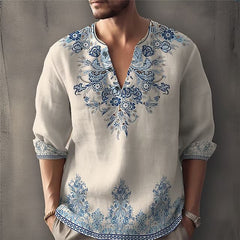Threebooy Vintag Flower Print Men's Shirt Spring Autumn Long sleeve V-neck Pullover Tops Fashion 3D Pattern Casual Shirts Streetwear