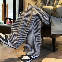 Threebooy American Vintage Vertical Stripes Woolen Casual Pants For Men Spring Autumn Fashion Straight Wide Leg Trousers Streetwear Male