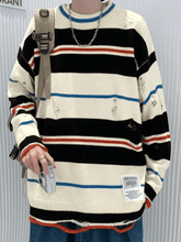 Threebooy Men's Color Block Striped Distressed Sweater