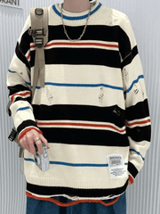 Threebooy Men's Color Block Striped Distressed Sweater
