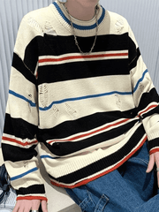 Threebooy Men's Color Block Striped Distressed Sweater