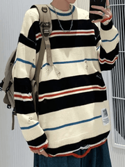 Threebooy Men's Color Block Striped Distressed Sweater