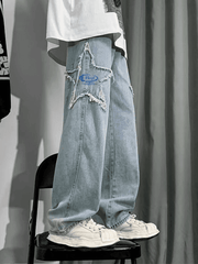 Threebooy Men's Distressed Star Embroidered Loose Jeans