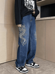 Threebooy Men's Dragon Embroidered Straight Leg Jeans