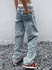 Threebooy Men's Heart Patch Light Wash Loose Jeans