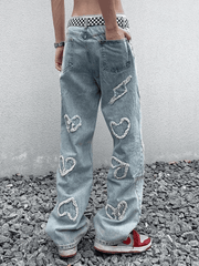 Threebooy Men's Heart Patch Light Wash Loose Jeans