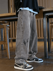 Threebooy Men's Lightning Embroidered Straight Jeans