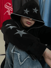 Threebooy Men's Punk Star Embroidery Zip-Up Hoodie
