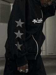 Threebooy Men's Punk Star Embroidery Zip-Up Hoodie