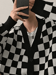 Threebooy Men's V Neck Checkered Cardigan Sweater