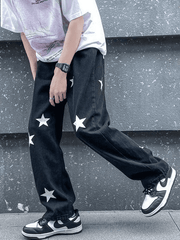 Threebooy Men's Washed Star Graphic Loose Jeans