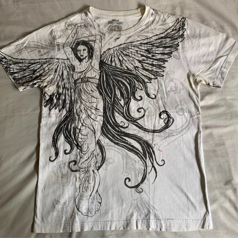 Threebooy 2000s Cyber Grunge Graphic T-shirt Y2K Star Skull Print Short Sleeve Tees Japanese Emo Vintage E girl Gothic T shirt Women Men