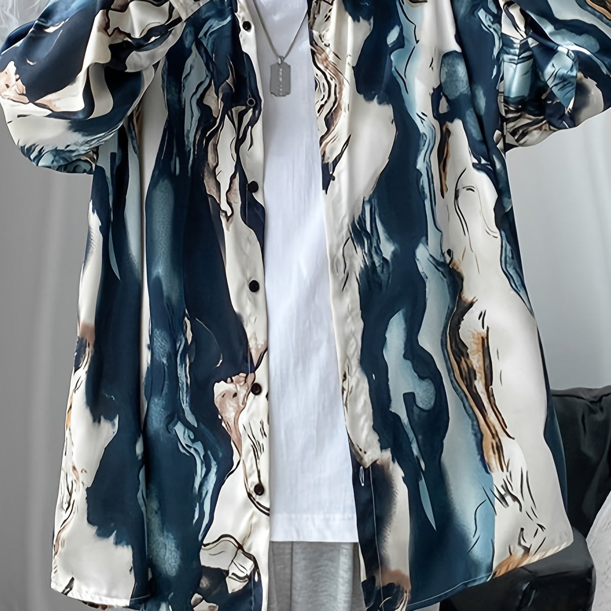 Threebooy Stylish Men's Hong Kong-Style Button-Up Shirt | All-Season Comfort | Casual & Trendy with Abstract Print | Perfect for Daily Wear, Vacations & Outdoor Activities | Ideal Gift