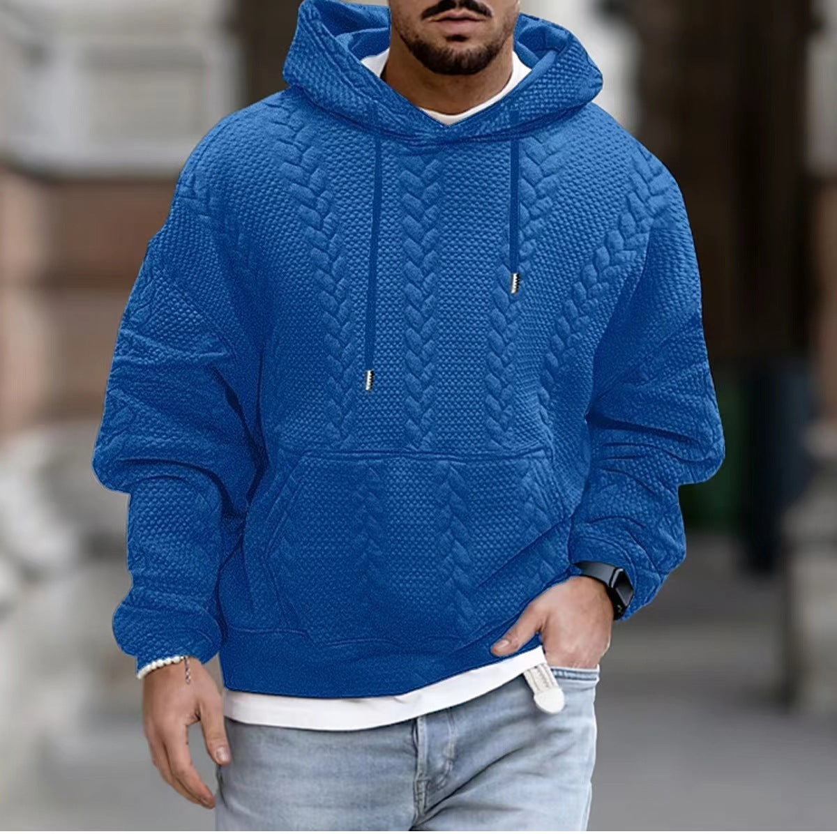 Threebooy Autumn Solid Jacquard Print Hoodie For Men Long sleeved Lace Up Hooded Pullover Casual Loose Oversize Tops Men's Clothing