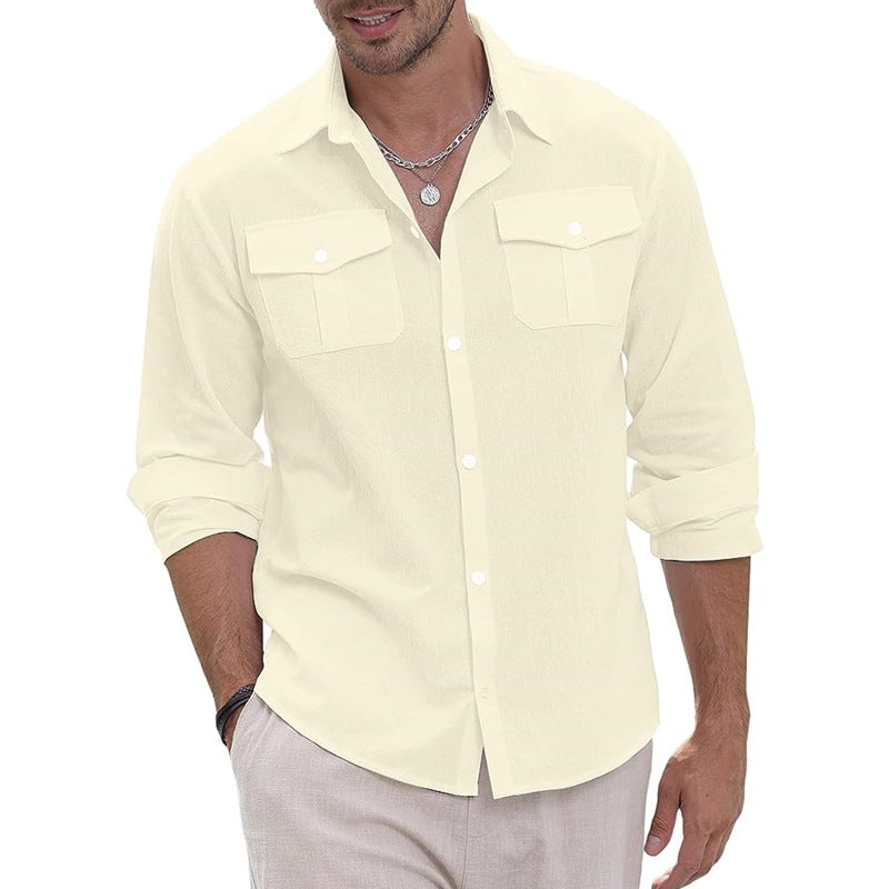 Threebooy Cotton Linen Men Shirt Solid Color Double Pocket Long Sleeve Top Spring Summer Fashion Casual Beach Breathable Comfortable Shirt
